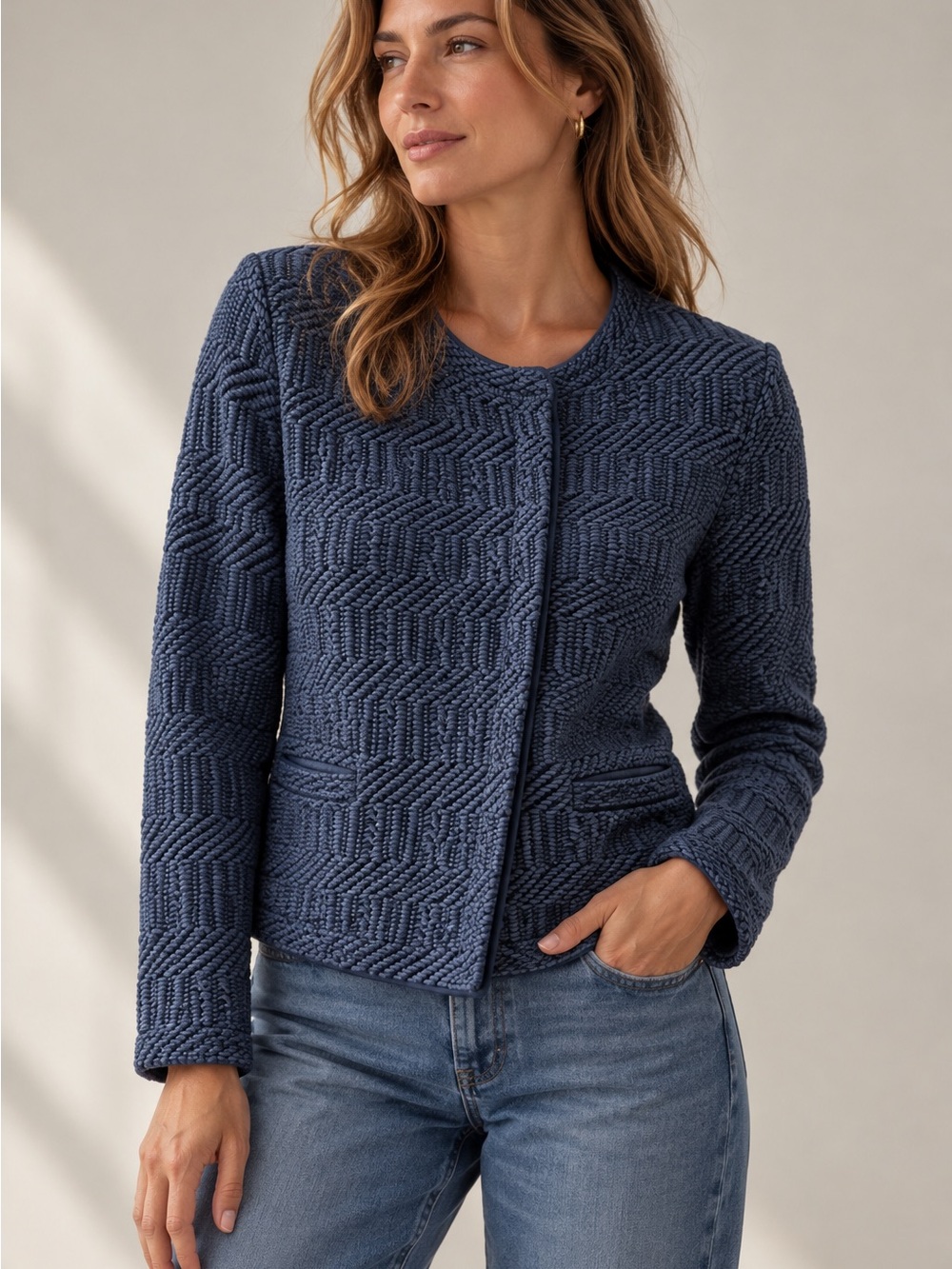 LOFT Petite Textured Knit Jacket Blue Asymmetrical Zip Career Business Casual MP